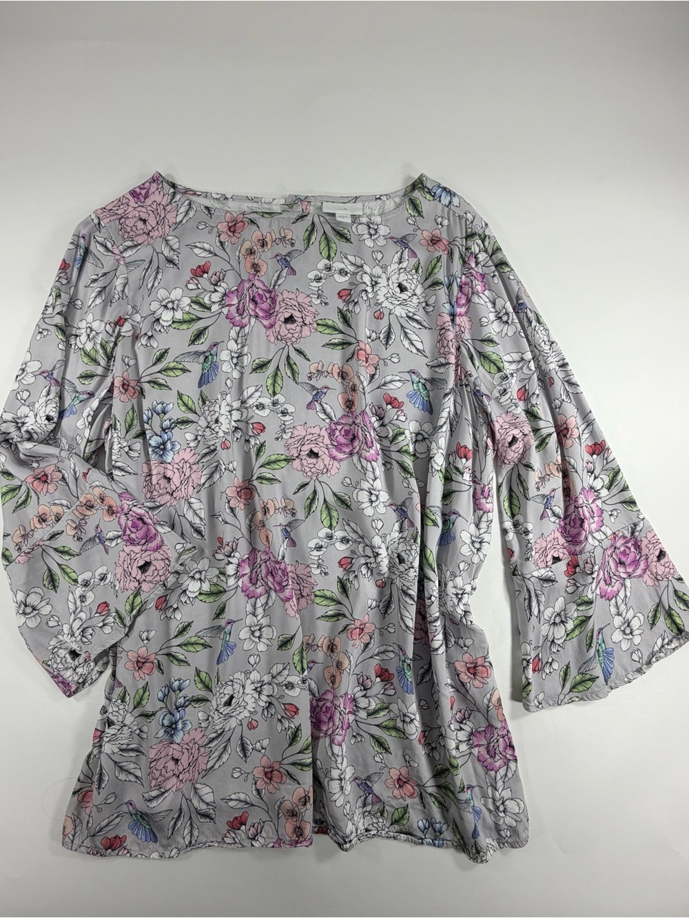 J.Jill Floral Hummingbird EcoVero Viscose‎ Boho Bell Sleeve Blouse XL